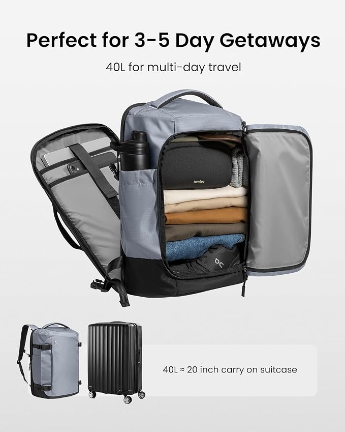tomtoc Travel Backpack 40L, TSA Friendly Flight Approved Carry-on Luggage Hand