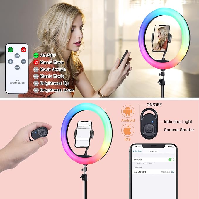 10" Selfie Ring Light with 73" Tripod Stand & 1 Phone Holder, LED Camera
