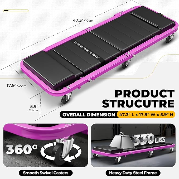 Auto Dynasty 48" Z-Creeper Seat, 2-in-1 Foldable Garage Creeper Shop Seat, 330 LBS Capacity Automotive Mechanic Repair Under Car Rolling Creeper Seat, Purple
