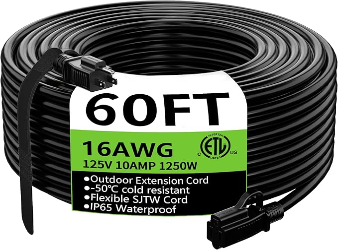 HUANCHAIN Indoor Outdoor Black Extension Cord 60 ft Waterproof, 16/3 Gauge Flexible Cold-Resistant Appliance Extension Cable Outside, 10A 1250W 16AWG SJTW, 3 Prong Electric Cord, ETL
