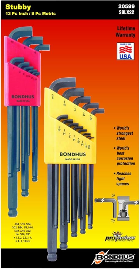Bondhus 20599 0.050-3/8" & 1.5-10mm Stubby Ball End Hex Key DoublePK & EKLIND 17222 Double-Ball-Hex L-Key allen wrench Combo- Extra Long Inch/MM (2 sets 22pc) Pack of 1