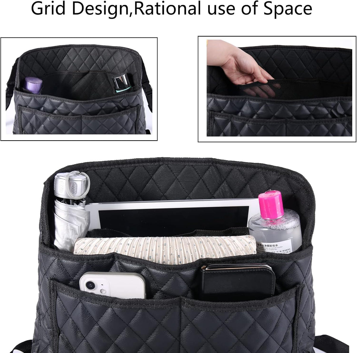 Car Pocket Handbag Holder - Leather Seat Back Organizer Barrier for Backseat Pet, Kids - Black