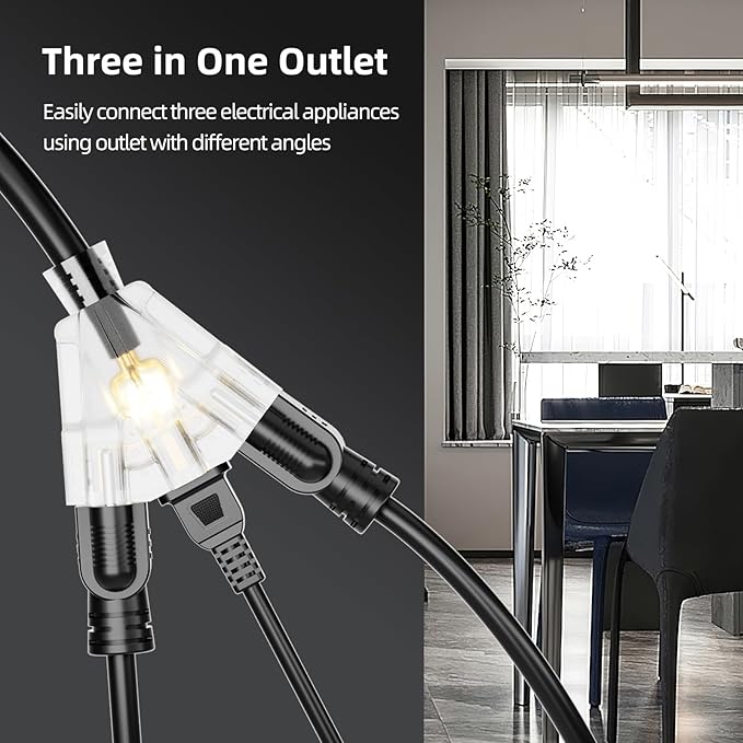 50 FT Outdoor Extension Cord with Multiple Outlets, 12 Gauge Heavy Duty Black Extension Cord Waterproof with 3 Outlet, 3 Prong Power Cord for Garden and Home Use Indicator Light, ETL Listed