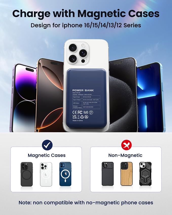 for Magsafe Battery Pack 12000mAh Magnetic Power Bank Portable Charger 20W USB C Fast Charging Wireless Charger for iPhone 17/16/15/14/13/12