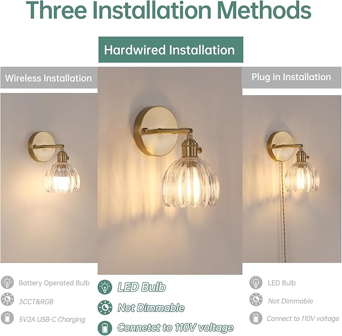 Vintage Wall Sconces Set of 2 with Transparent Tulip Glass Lampshade 180 Degree Adjustable Brass Sconces Hradwired Modern Wall Lighting Fixture with Switch for Bedside Bedroom Doorway