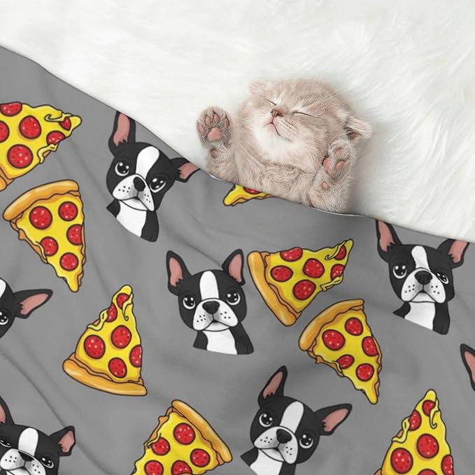 Two Sided Plush Pet Blanket for Crates Carriers Home Use, Grey Boston Terrier Dog Pizza, Reversible Throw with Cozy Dot Fabric and Silky Reverse for Small Large Pets