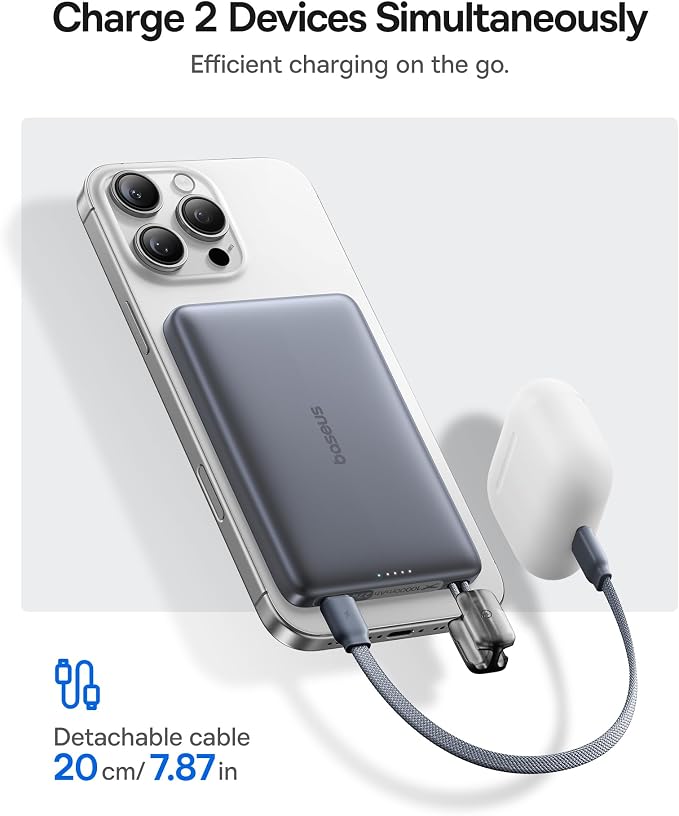 Baseus Picogo Qi2 15W Magsafe Portable Charger, 0.5" Ultra Slim 10000mAh Wireless Power Bank with 27W Built-in USB-C Cable, Magnetic Battery Pack for iPhone 17 Pro Max/17 Pro/Air/16/15/14/13/12