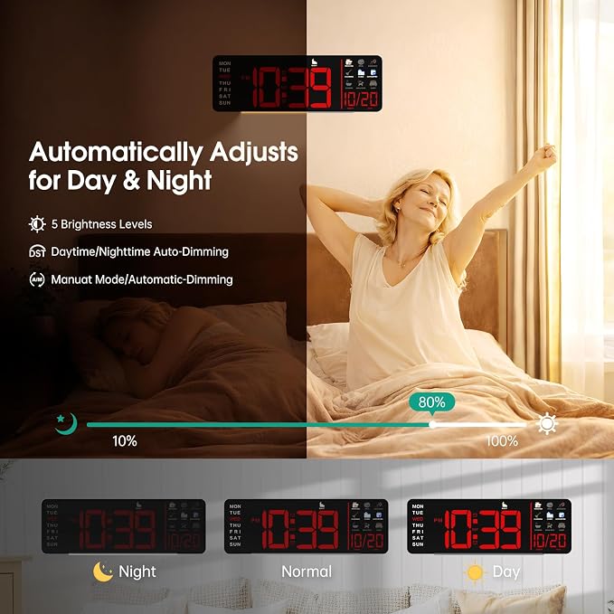 Hoifen Clock with Day and Date for Seniors, Remote Control, Night Light