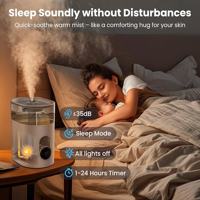 Humidifiers for Bedroom Large Room Home - GloryAir 6L Quiet Top Fill Cool & Warm Mist Humidifier with Smart Humidity Control, Remote Control, 7-Color Light, Humidistat, Oil Diffuser