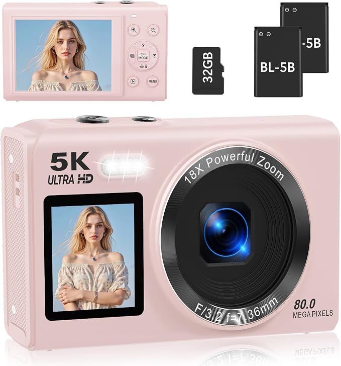 5K Digital Camera for Photography, 80MP Dual Screen Vlogging Camera for YouTube
