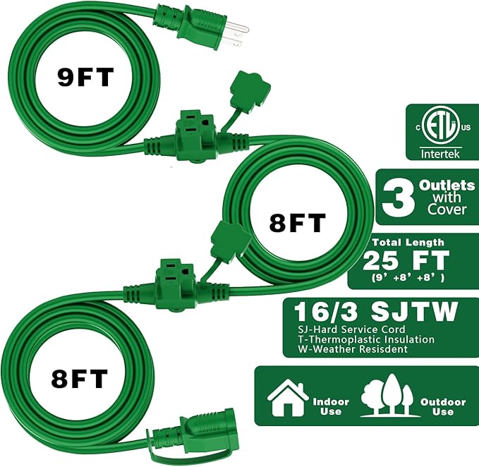K KASONIC - Outdoor Extension Cord 25 FT, Evenly Spaced 3 Outlets Plugs, 16/3 SJTW Weatherproof Multiple Outlets Wire for Landscaping Light, Holiday Decoration and Christmas, ETL Listed, Green
