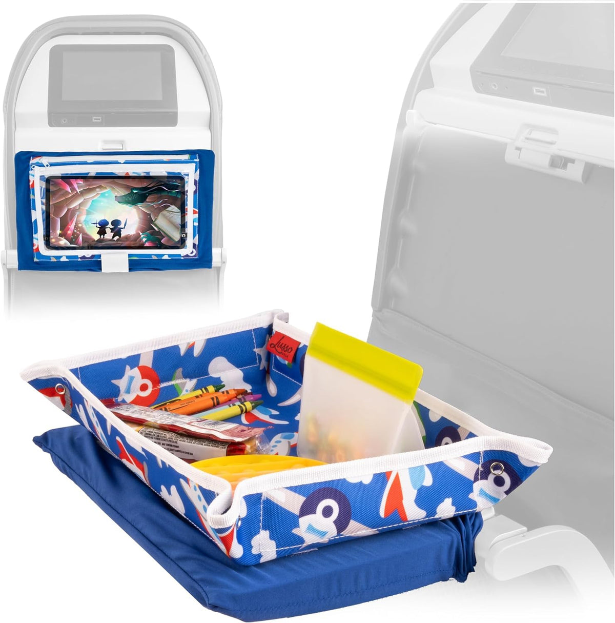 Lusso Gear Airplane Tray Table Cover - Organize Kids Travel Essentials - Snack & Toy Pockets for Airplane Toys for Toddlers 1-3 - Foldable Tablet Stand for Travel Toddler Essentials - Plane Pattern