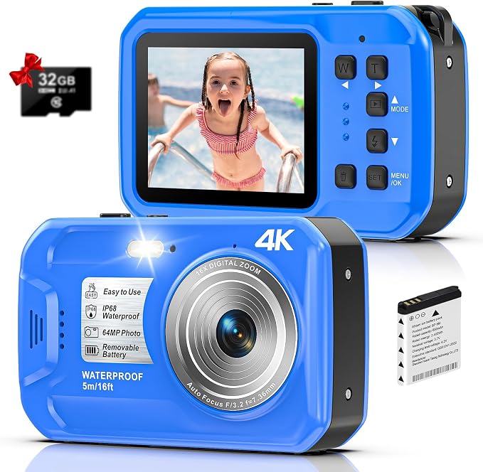 4K 64MP Floatable Underwater Camera, 16FT Waterproof Autofocus Digital Camera