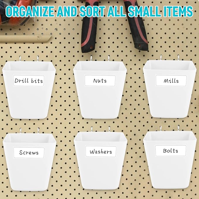 G.CORE Large Pegboard Cups Peg Board Storage Bin 6 Pack with Hooks, Square Box Shape Pegboard Cup Holder Accessories for Garage Workbench/Craft Room/Office/Playroom/Home Kitchen Organization (White)