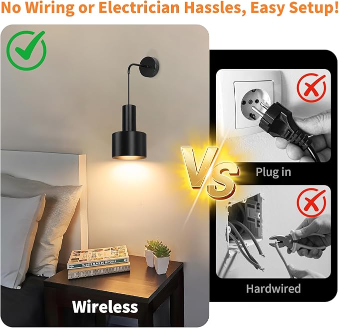 VerRon Rechargeable Battery Operated Wall Sconce Set of Two, Black Wireless Battery Powered Lights with Dimmable Detachable Bulbs & Remote, Modern Sconces Wall Decor for Bedroom Living Room Hallway