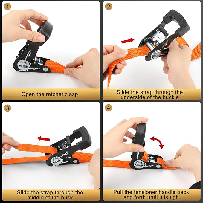 Ratchet Straps - Heavy Duty Tie Downs Straps - 1 Inch x 15 Feet 4 Pack - Safety S Hooks & Soft Loops, 1800LBS Break Strength for Men, Trucks Cargo Moving appliances Motorcycle ATV（Orange）