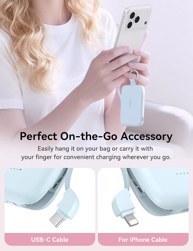 RORRY Portable Charger, 10000mAh PD 30W Fast Charging Portable Charger Power Bank with Built-in Cables, Travel Keychain Charger Battery Pack for iPhone 17/16/15/14/13/12, for AirPods 2/3/4/Pro, Blue