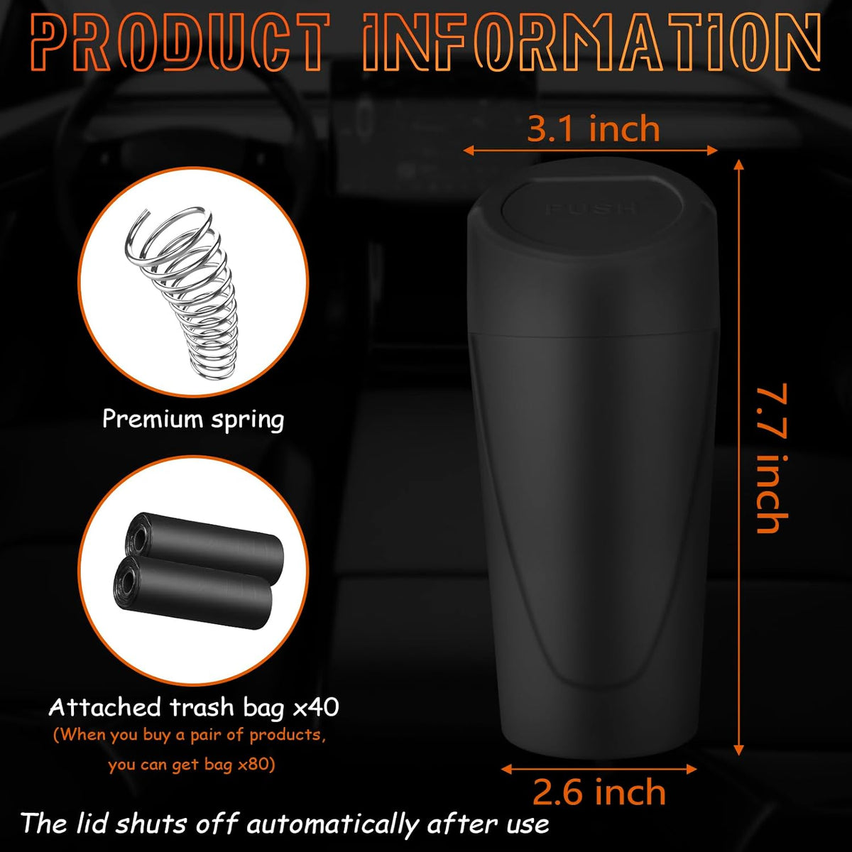 Car Trash Can with Lid-2Pack, Leakproof Garbage Can with 80 Attached Trash Bags, Mini Essential Car Accessories for Interior for Car, Home, Office（Black）