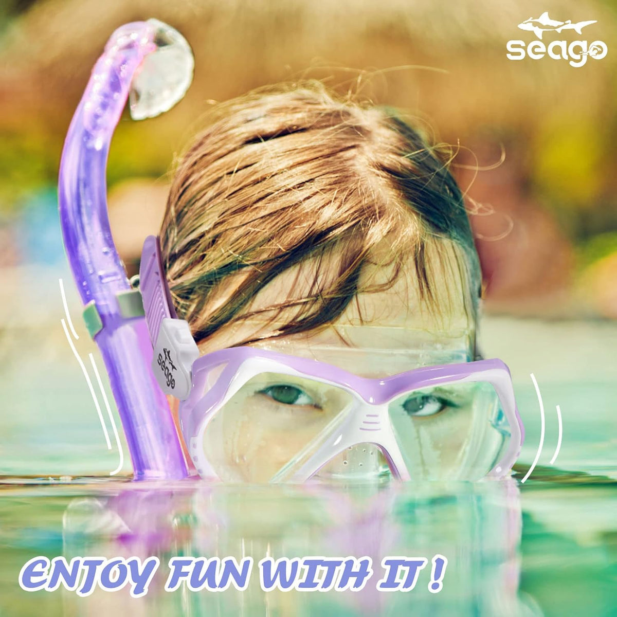 Seago Kids Swim Goggles - Anti-Fog Snorkel Mask with Nose Cover | Panoramic Clear View, Silicone Seal for Ages 6-14