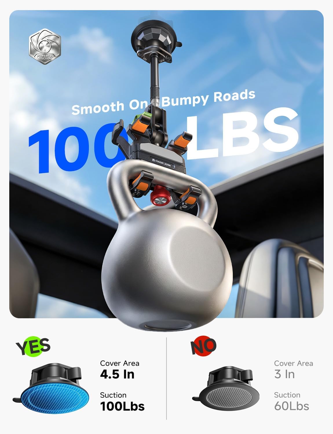 MAGIC JOHN Metal Car Phone Holder 360° Rotation Suction Mount Windshield