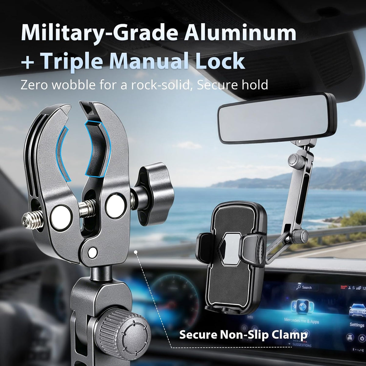 Aluminum Rearview Mirror Clip-On Universal Car Phone Mount