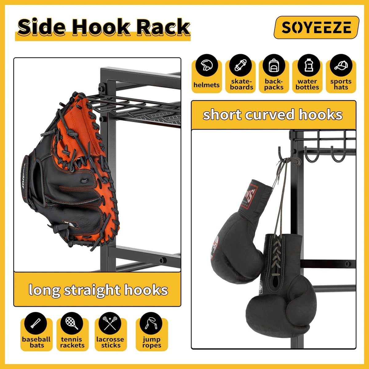 SOYEEZE Sports Equipment Organizer - 4-Tier Ball Storage Rack for Garage & Outdoor Toys | Mobile Cart with Hooks