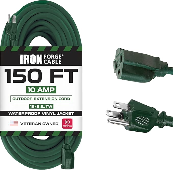 Iron Forge Cable Weatherproof 150 Ft Outdoor Extension Cord - 16/3 SJTW Heavy Duty Green Extension Cord 3 Prong - 10 Amp Exterior Power Cable
