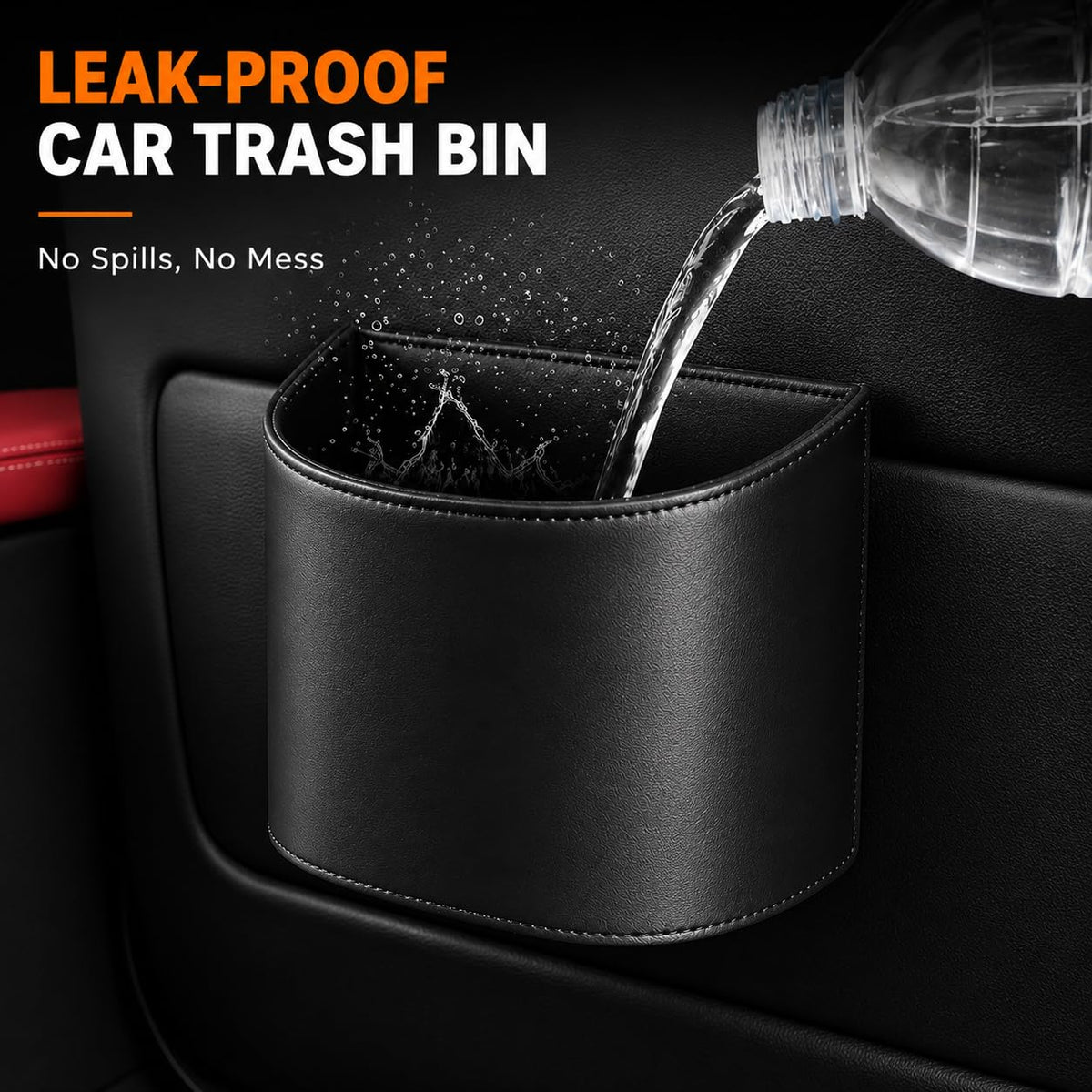 COZILO Leather Car Trash Can – Leakproof & Easy-to-Clean Car Garbage Can for Luxury Cars, SUVs & Trucks | Includes 60 Custom Liners, Secure Hook, Easy Install, Black