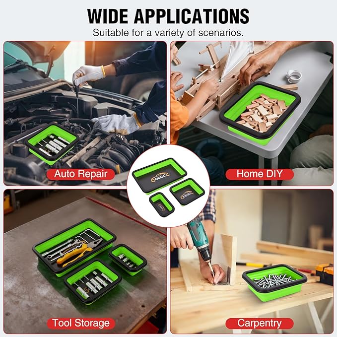 GOOACC 3 Sizes Collapsible Magnetic Parts Tray Set Green Silicone Foldable Tool Trays Organizer for Screws Bolts Nuts Pins Washers and Other Small Metal Parts Double Sided Magnet Base