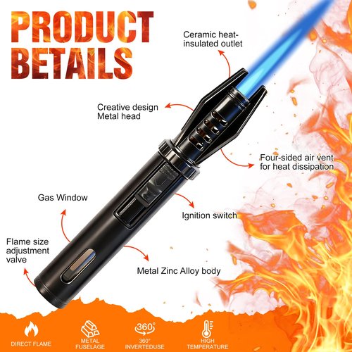 Mini Torch Lighter with Fuel Window - 5" Refillable Butane Jet Flame, Windproof Pocket Lighter for Camping, Hiking & Home Use (Black)