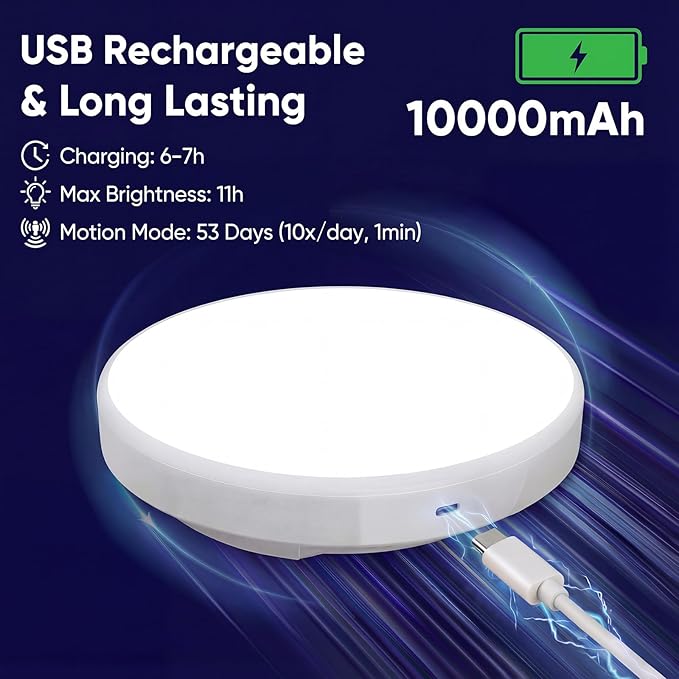 10,000mAh Rechargeable Radar Motion Sensor Ceiling Light with Remote, 7.68" Wireless LED Light No Wiring, 3 Color Temperatures, Dimmable Always-on Mode, Battery Powered for Shower Closet Shed Garage