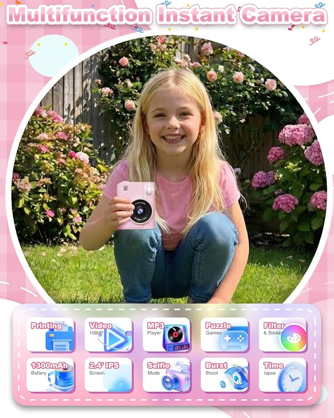Instant Print Camera for Kids, 1080P Instant Digital Print Cameras for Toddler