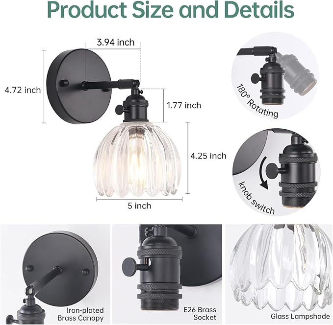 Vintage Wall Sconce with Transparent Tulip Glass Lampshade 180 Degree Adjustable Black Sconce Hradwired Modern Wall Lighting Fixture with Switch for Bedside Bedroom Doorway