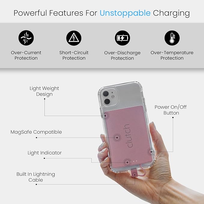 Clutch Pro – World's Thinnest iPhone Charger – Portable Power Bank 5000mAh – Magnetic Built-in Lightning Cable – TSA Approved Travel Charger – iPhone 14 & Earlier – Pink