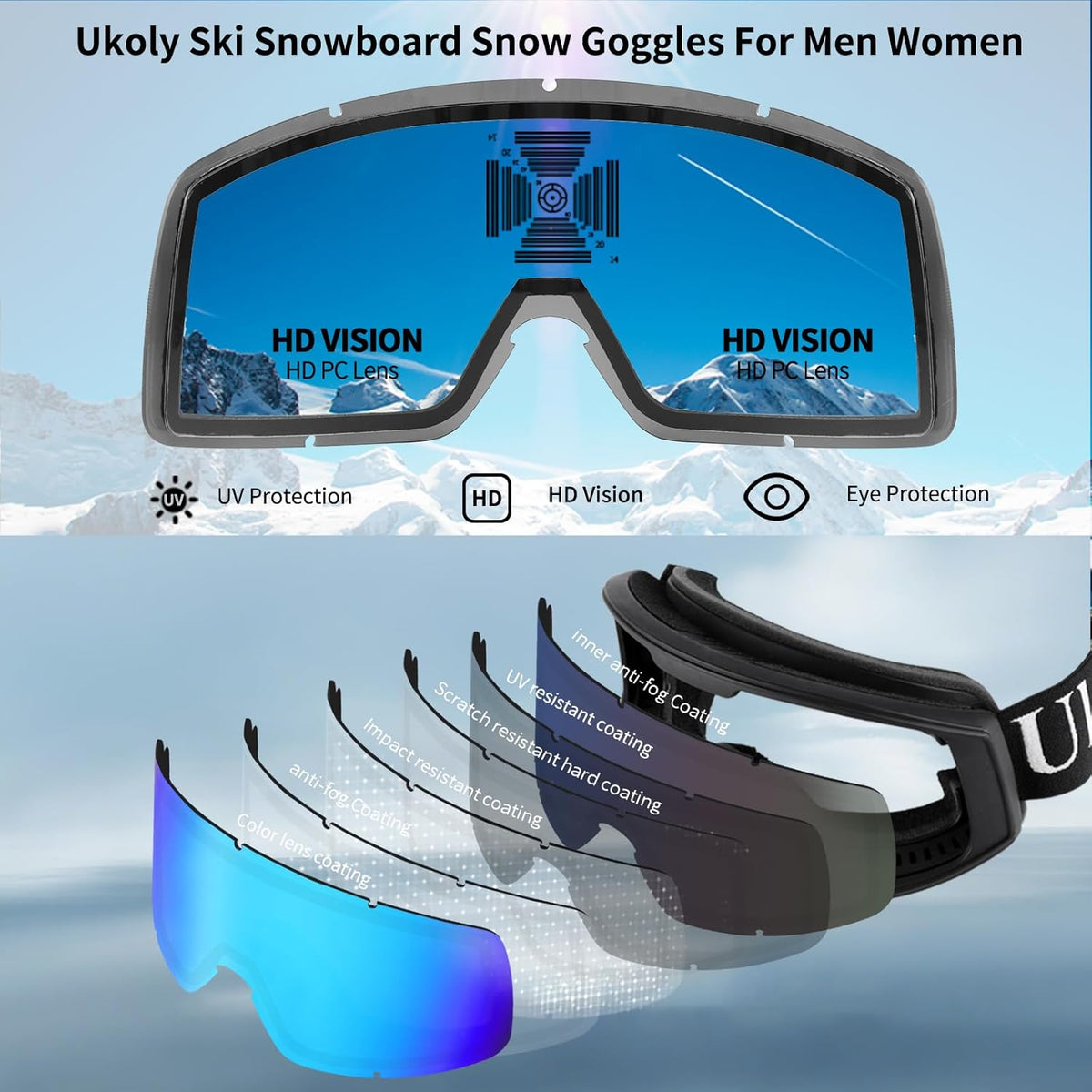 Ukoly Ski & Snowboard Goggles - HD Anti-Fog Lens, UV400 Protection, OTG Design for Men & Women
