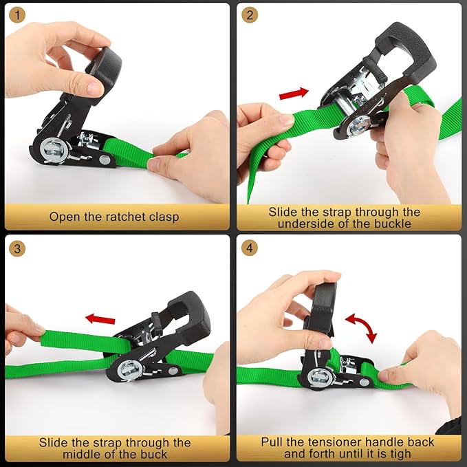 Ratchet Straps - Heavy Duty Tie Downs Straps - 1 Inch x 15 Feet 4 Pack - Safety S Hooks & Soft Loops, 1800LBS Break Strength for Men, Trucks Cargo Moving appliances Motorcycle ATV (Green)
