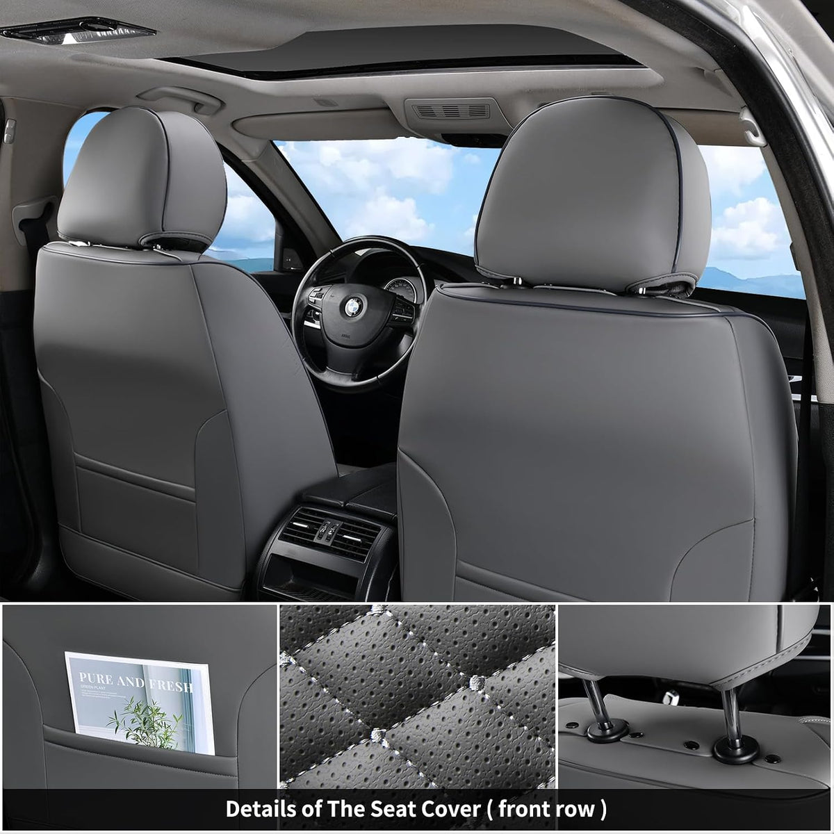 Coverado Car Seat Covers Full Set, Nappa Leather Seat Covers for Cars, Universal Waterproof Seat Covers, Front and Back Car Seat Protector, Automotive Seat Covers Fit for Most Cars, Gray
