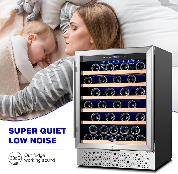 24 Inch Wine Fridge, 54 Bottles Wine Refrigerator, Under Counter or Freestanding, 40-65°F, Lock, Double Layer Tempered Glass Door, Wine Cooler Refrigerator with Adjustable Wooden Shelves