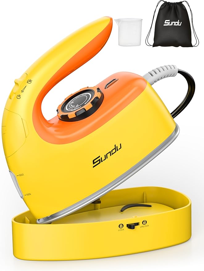 Sundu Mini Travel Iron with Steam,1000W Portable Non-Stick Soleplate Steam Samll Iron for Quilting & Sewing,300 Microsteam Holes,90ml water tank,lockable safety base,Digital Temperature Control-Yellow