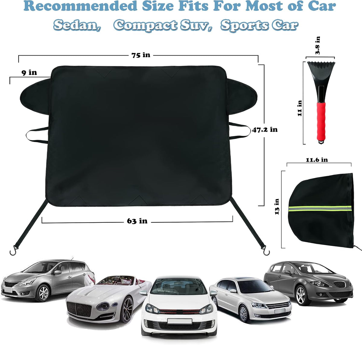 Xgunion Car Windshield Snow Cover for Ice and Snow- Durable 600D Oxford Fabric with Side Mirror Covers Ice Scrapers Waterproof Windproof Dustproof Windshield Covers Universal Fit for Most Vehicle