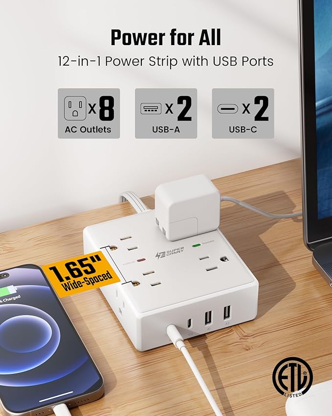 15Ft Long Extension Cord, Surge Protector Power Strip with 8 Outlets & 4 USB Ports (2 USB C), Flat Plug Power Strip Wall Mountable, Desk Charging Station for Home Office, College Dorm Room Essentials