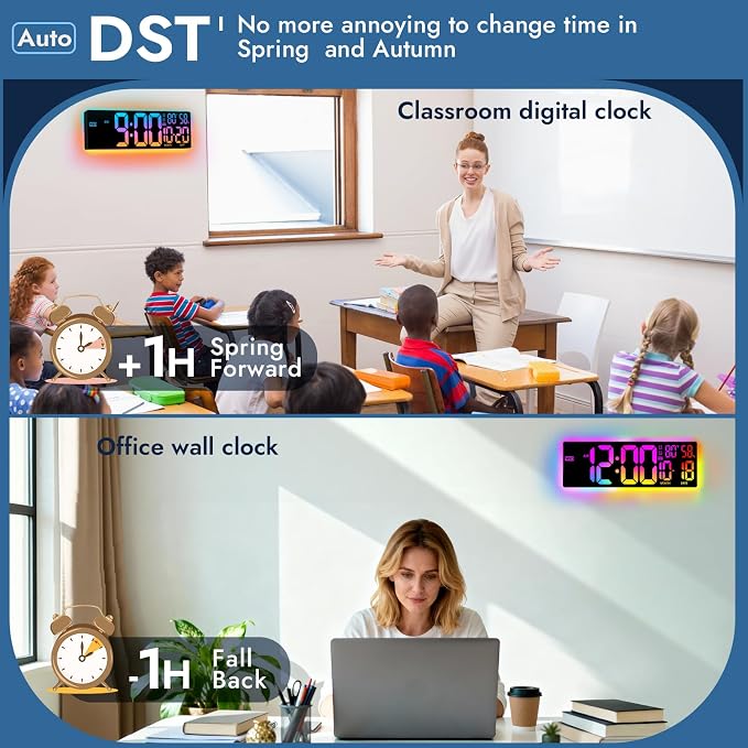 16.5" Large Digital Wall Clock: 13 RGB Night Lights Giant LED Display