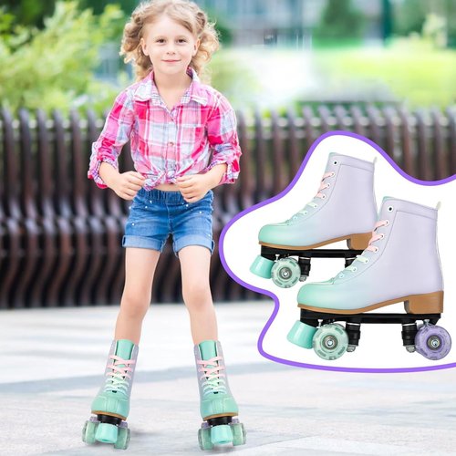 MEIGLQEA Roller Skates for Girls and Women, PU Leather Gradient Green Purple Roller Skates with Flash Wheels, Indoor Outdoor Roller Skates for Youth Beginner Girls Ages 8-12 (32-Youth 1)