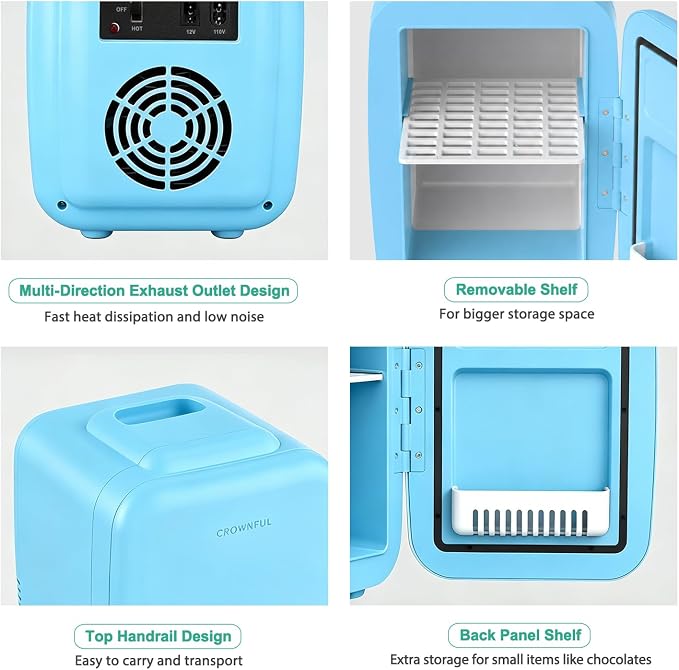 CROWNFUL Mini Fridge, 4 Liter/6 Can Portable Cooler and Warmer Personal Fridge for Skin Care, Cosmetics, Food,Great for Bedroom, Office, Car, Dorm, ETL Listed (Blue)