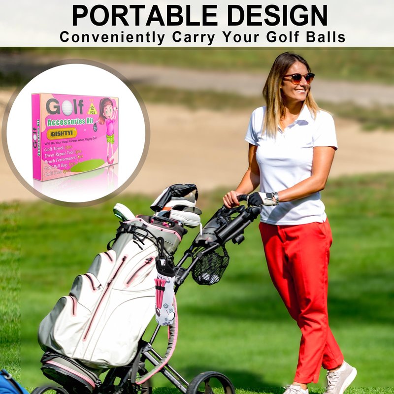 Qishiyi 12Pcs Golf Accessories Kit Include Golf Ball Bag Golf Tees Golf Towel Golf Club Cleaner Brush Groove Cleaner Tool Divot Tool Magnetic Ball Marker,Best Golf Gift for Women Man (Pink)