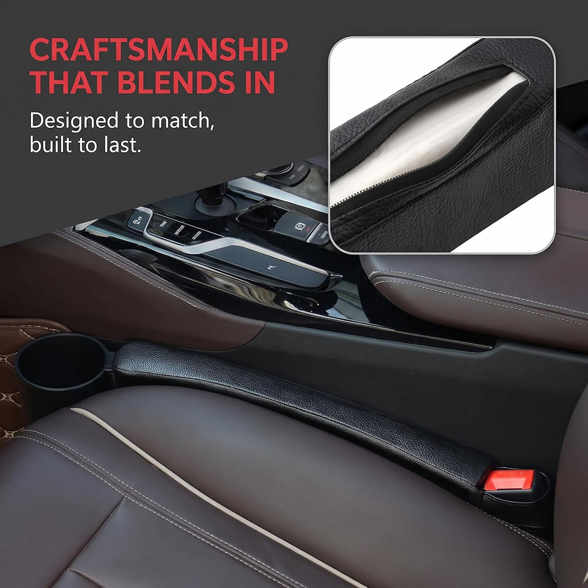Tumecos Car Seat Gap Filler Pad PU Leather Console Side Pocket Organizer with One Cup Holder for Cellphone Wallet Coin Key 2 Pcs (Black+Black Surface)
