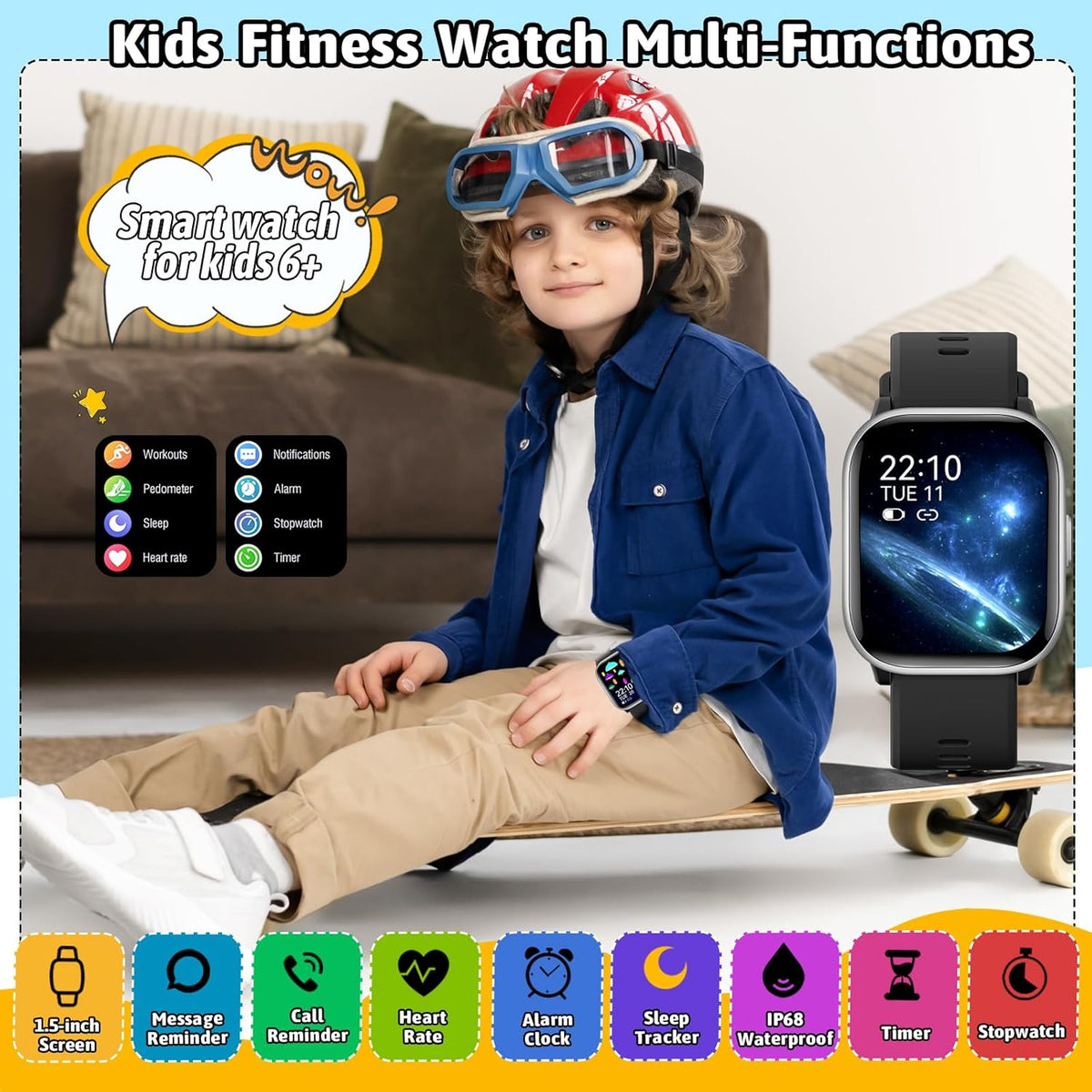 Skiennix Kids Smartwatch - 20 Sport Modes, Pedometer & Sleep Monitor | Perfect Birthday Gift for Ages 6-16 (Black)