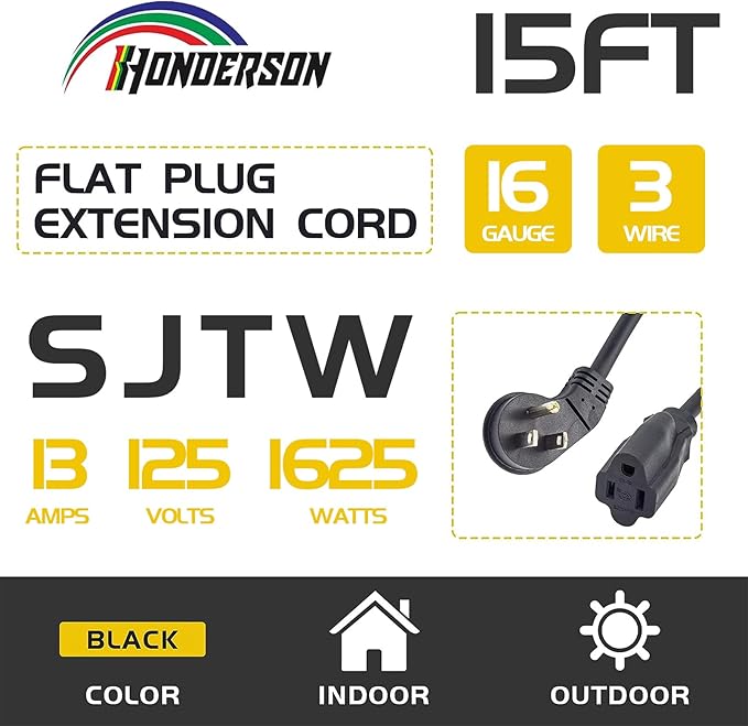 Flat Plug Indoor Extension Cord, UL Certified, 16 Gauge 15FT Black 3 Prong Heavy Duty, 16/3 SJTW 13A Power Cord for Lights, Appliances, Home