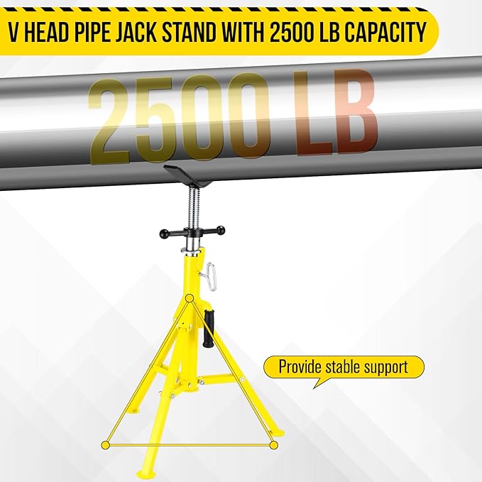 V Head Pipe Jack Stand, Heavy Duty Pipe Stand, 2500LB Jack Stands Carbon Steel with Portable Folding Legs 28-52 Inch Height Adjustable 1/8"-12" Capacity