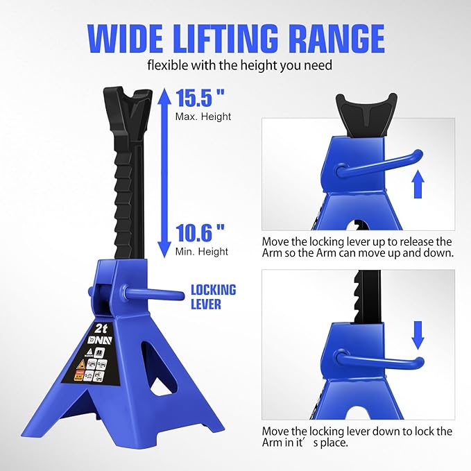 DNA Motoring 1 Pair Jack Stands, 2 Ton (4400 lbs) Capacity Car Lifting Stand, Adjustable Height Car Jack Stands for Cars, Sedans, Small Vehicles, SUV, TOOLS-00681-BL
